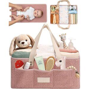 Baby Diaper Caddy Organizer w/ Changing Pad Teddy Fleece Nursery Storage Basket